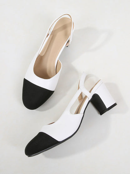 Colorblock Round Toe Chunky Heel Slingback Pumps