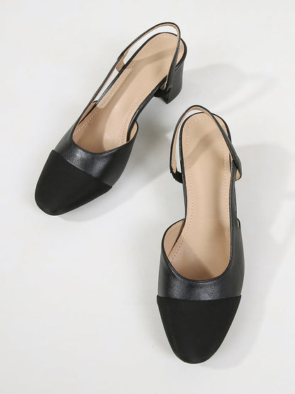 Colorblock Round Toe Chunky Heel Slingback Pumps