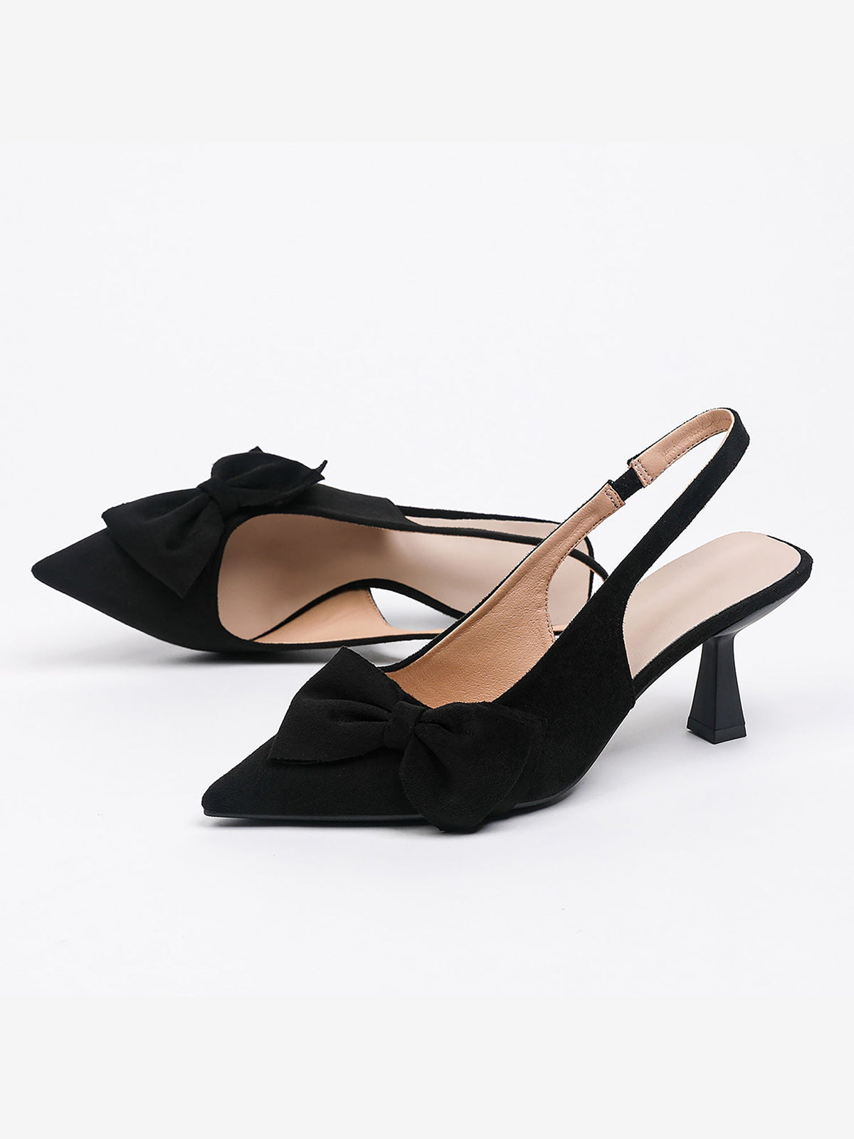 Bowknot Pointed Toe Stiletto Heel Faux Suede Slingback Pumps