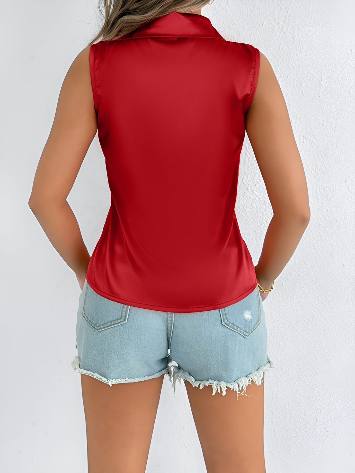 Satin Solid Color Sleeveless Button Down Blouse