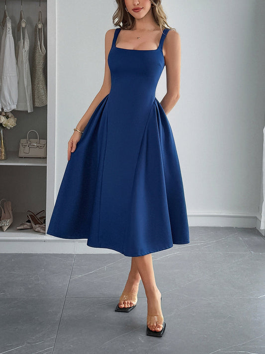 Solid Color Sleeveless Backless A-Line Midi Dress