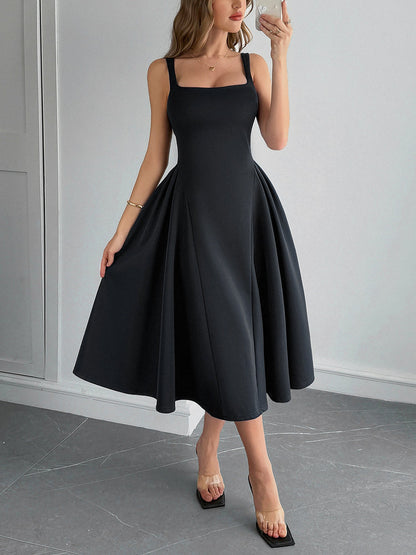 Solid Color Sleeveless Backless A-Line Midi Dress