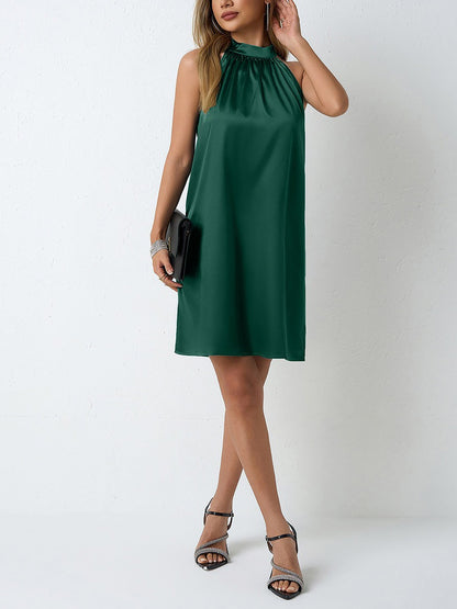 Satin Halter Neck Sleeveless Solid Color Mini Dress
