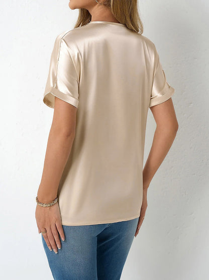 Lace Trim V Neck Satin Short Sleeves Blouse