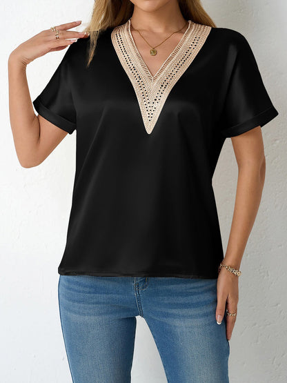 Lace Trim V Neck Satin Short Sleeves Blouse