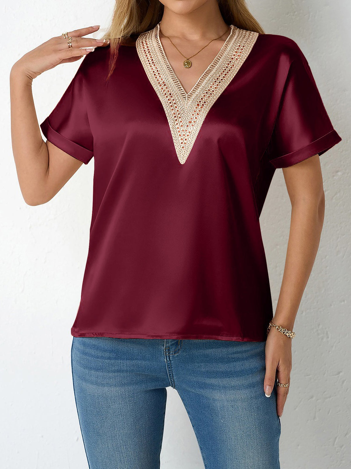 Lace Trim V Neck Satin Short Sleeves Blouse