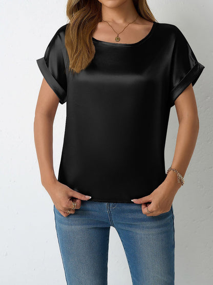 Round Neck Short Sleeves Satin Solid Color Blouse
