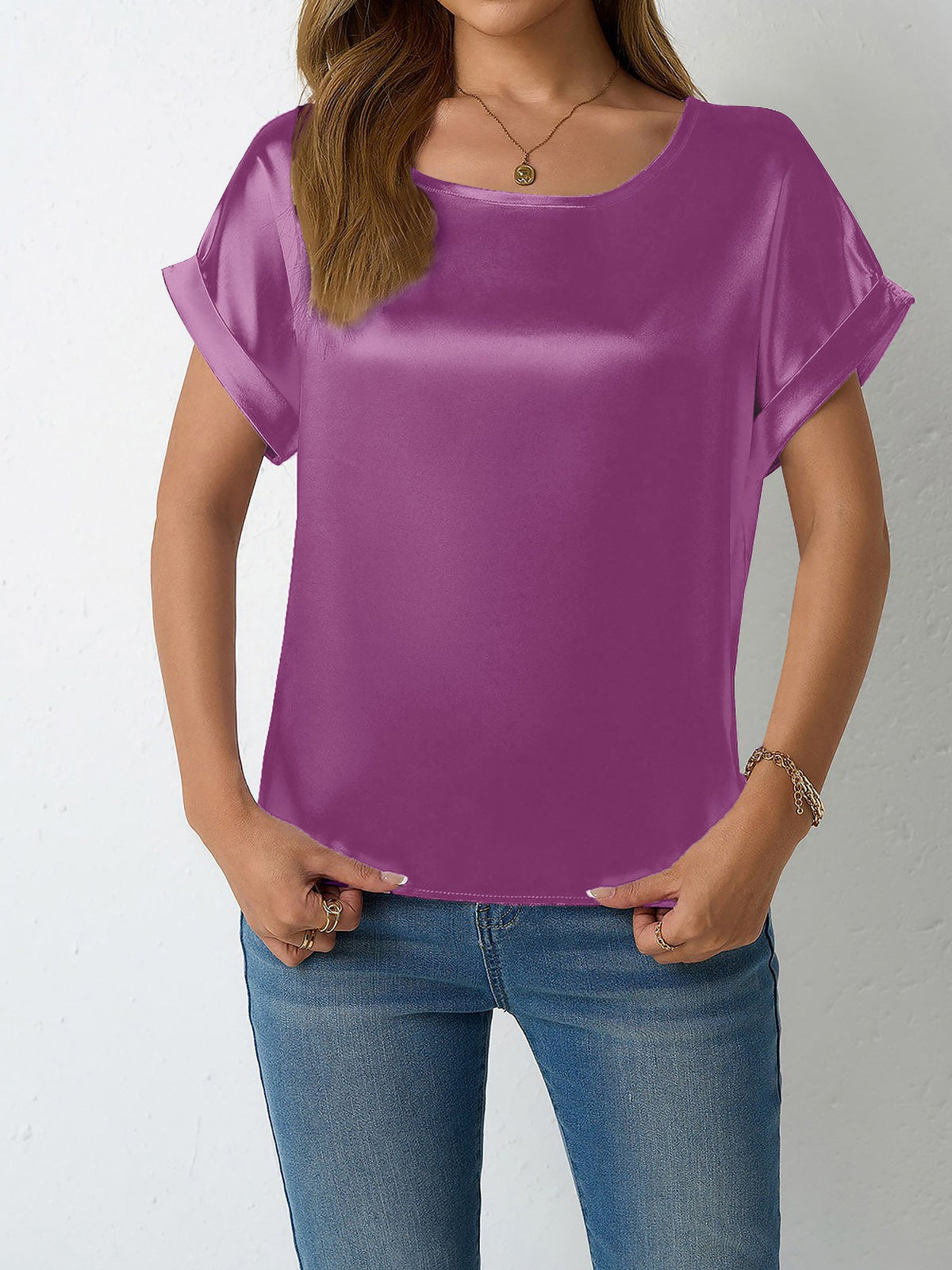 Round Neck Short Sleeves Satin Solid Color Blouse