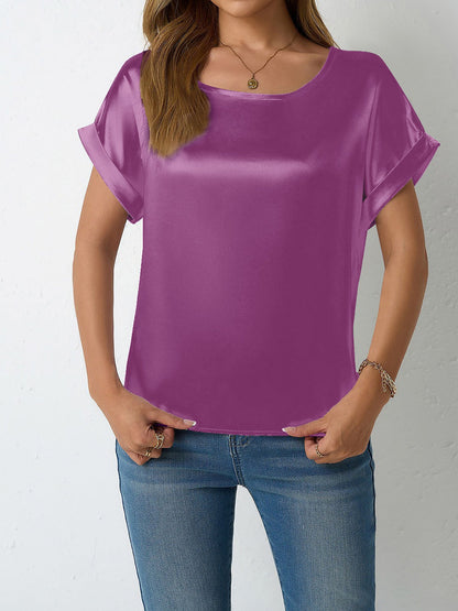 Round Neck Short Sleeves Satin Solid Color Blouse