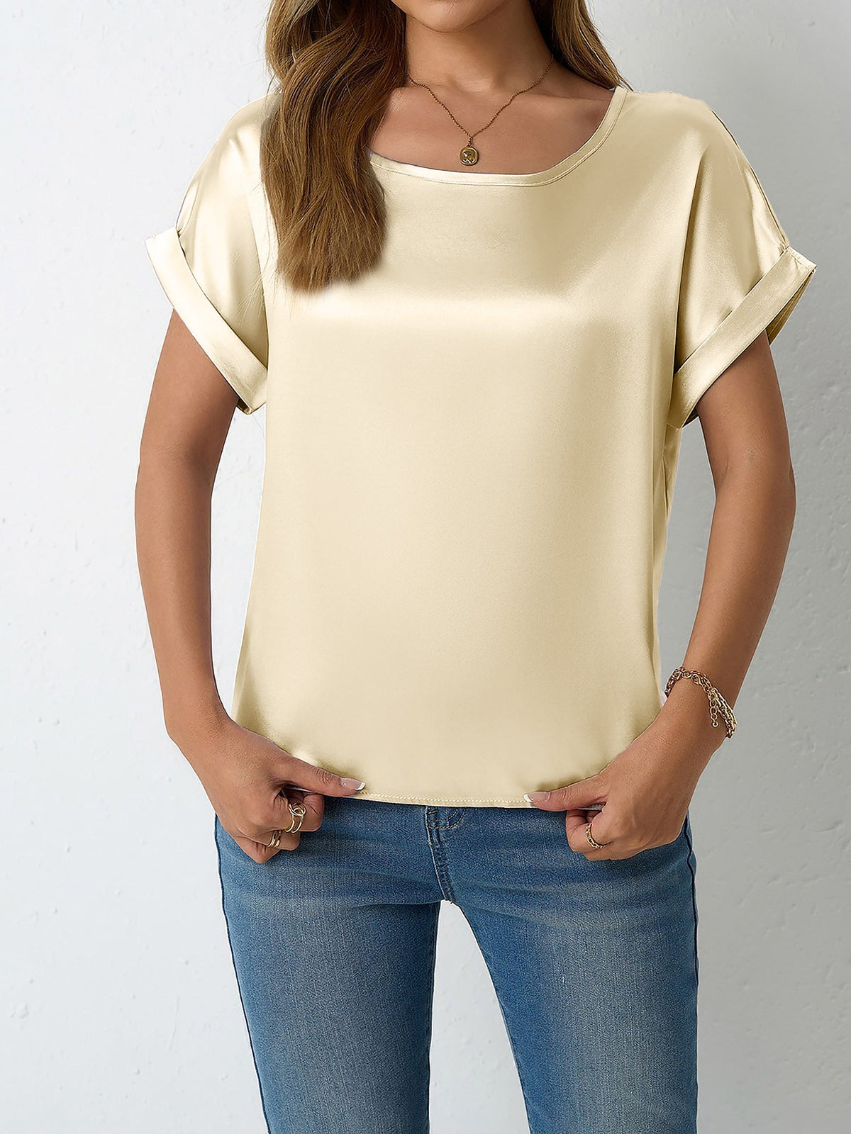 Round Neck Short Sleeves Satin Solid Color Blouse