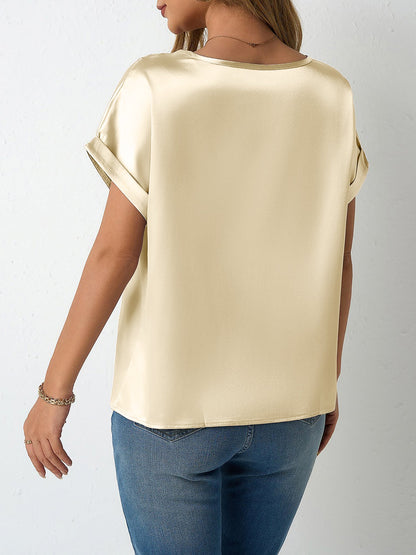 Round Neck Short Sleeves Satin Solid Color Blouse