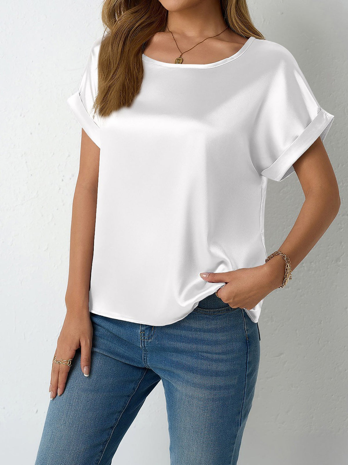 Round Neck Short Sleeves Satin Solid Color Blouse