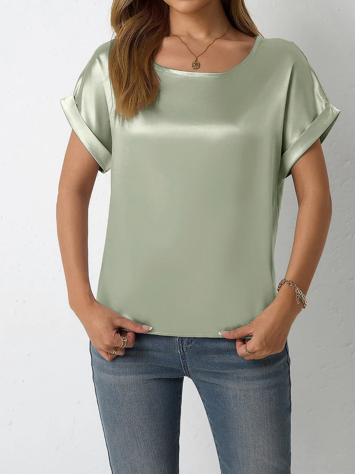 Round Neck Short Sleeves Satin Solid Color Blouse