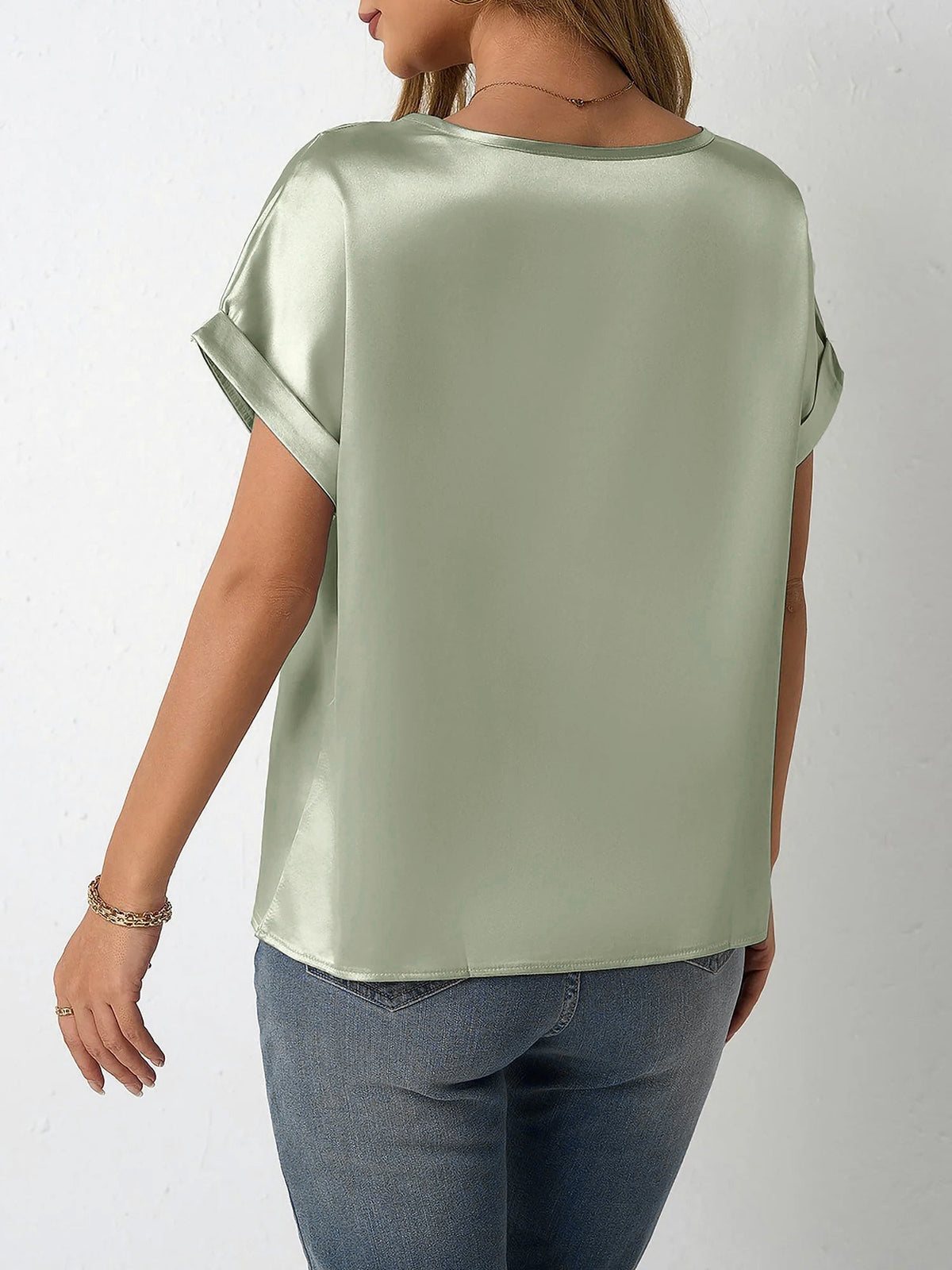 Round Neck Short Sleeves Satin Solid Color Blouse
