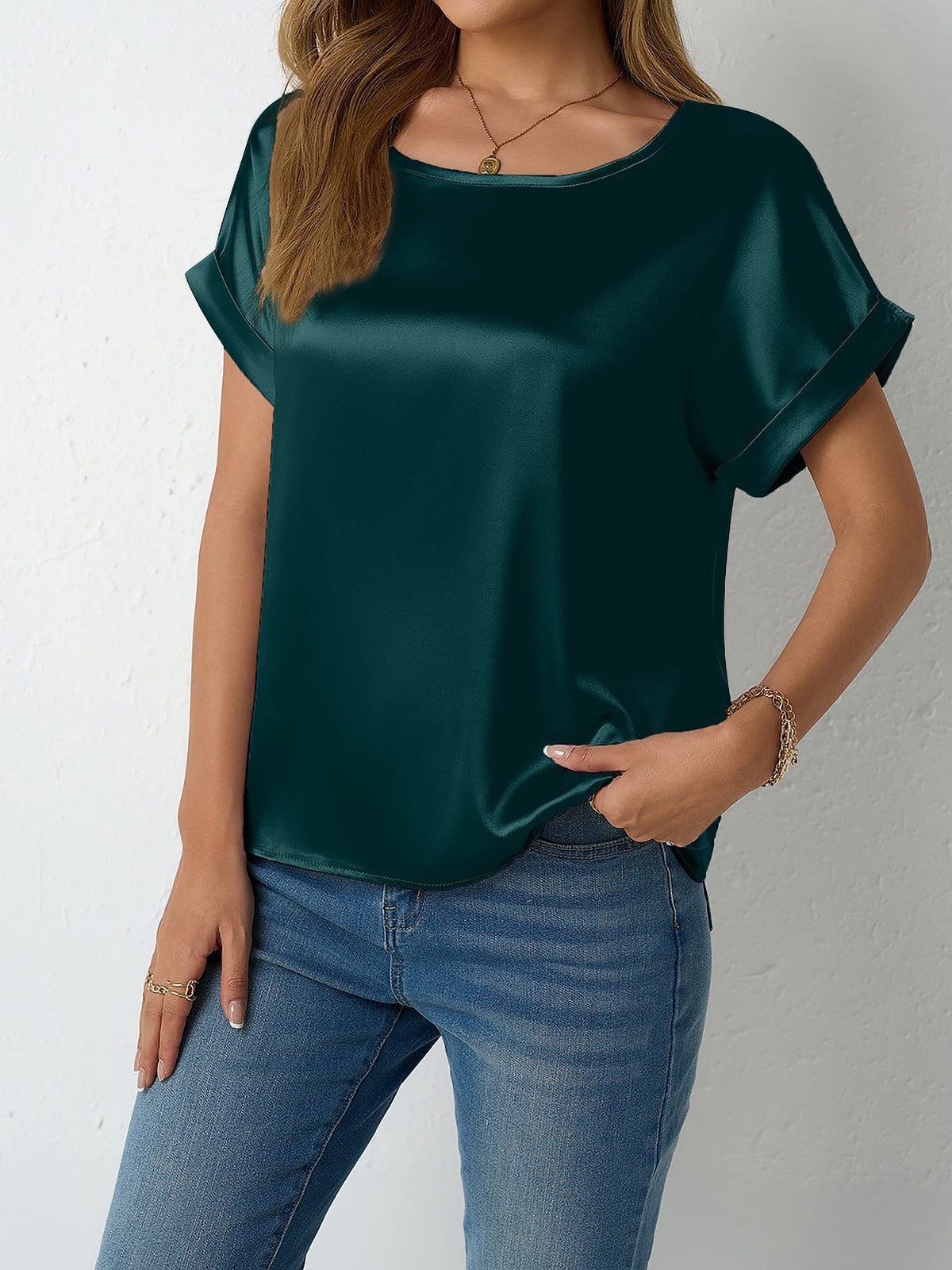 Round Neck Short Sleeves Satin Solid Color Blouse