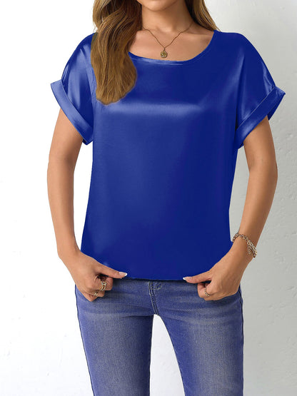 Round Neck Short Sleeves Satin Solid Color Blouse