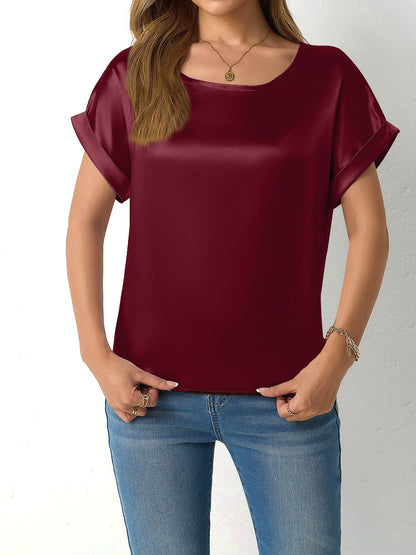 Round Neck Short Sleeves Satin Solid Color Blouse