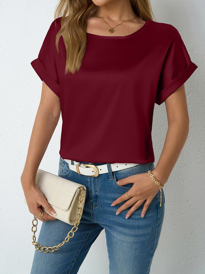 Round Neck Short Sleeves Satin Solid Color Blouse