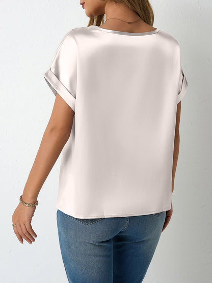 Round Neck Short Sleeves Satin Solid Color Blouse