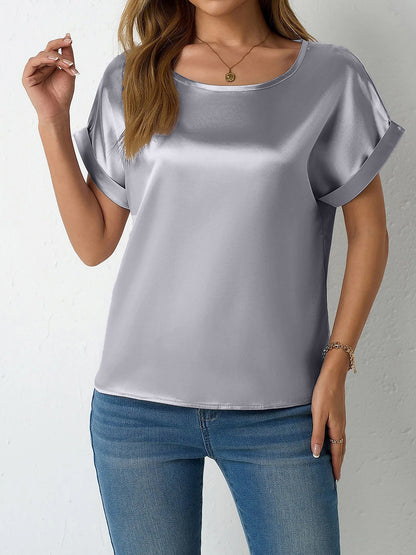 Round Neck Short Sleeves Satin Solid Color Blouse