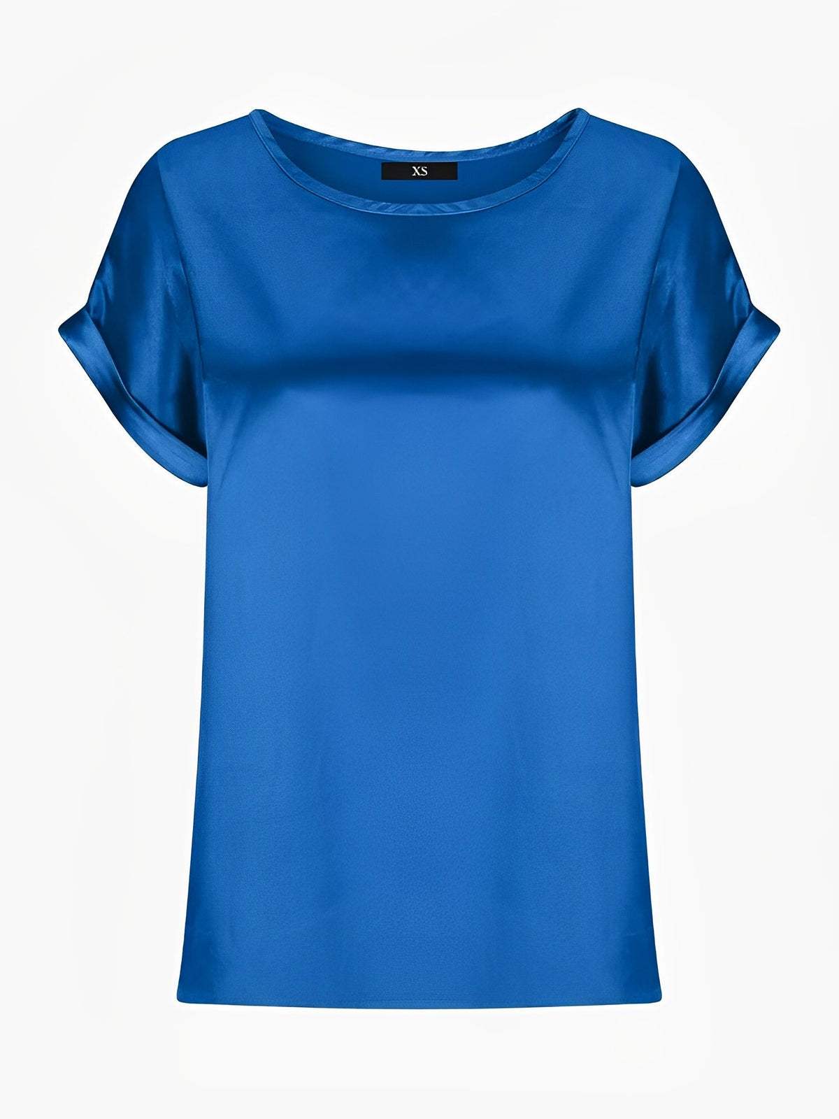 Round Neck Short Sleeves Satin Solid Color Blouse