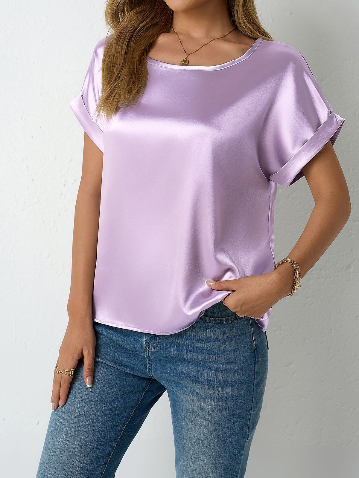 Round Neck Short Sleeves Satin Solid Color Blouse