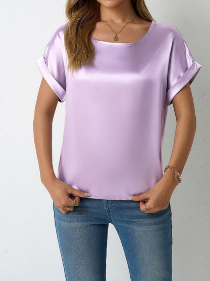 Round Neck Short Sleeves Satin Solid Color Blouse