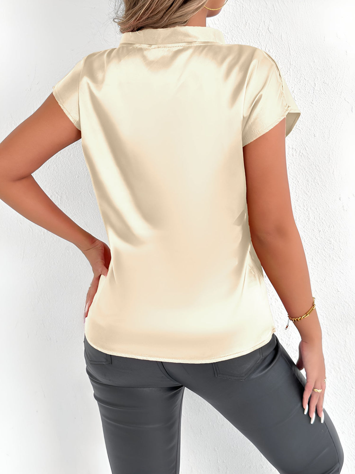 Satin Tie Neck Cap Sleeves Solid Color Blouse