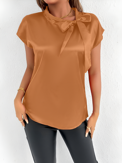 Satin Tie Neck Cap Sleeves Solid Color Blouse