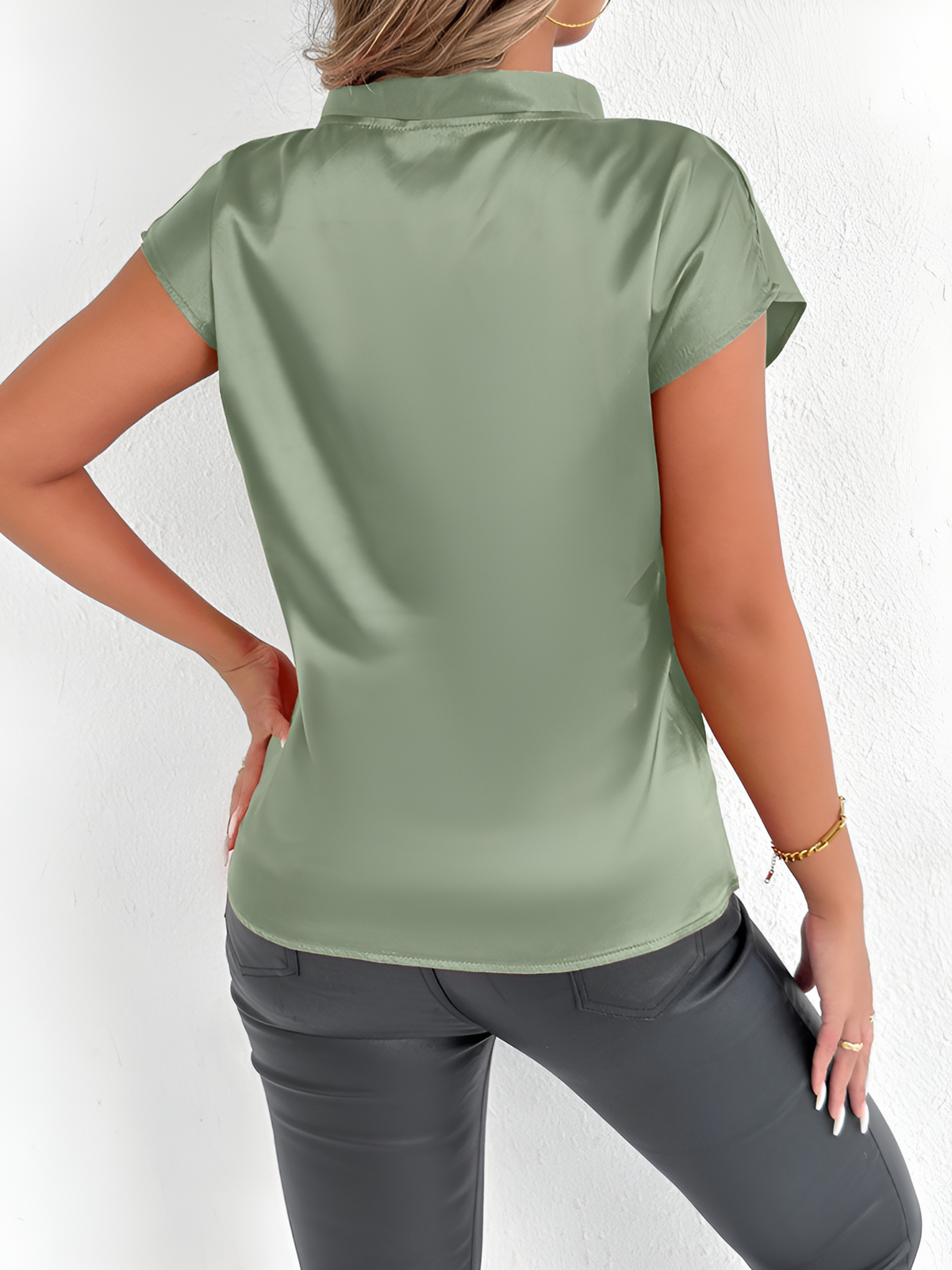 Satin Tie Neck Cap Sleeves Solid Color Blouse
