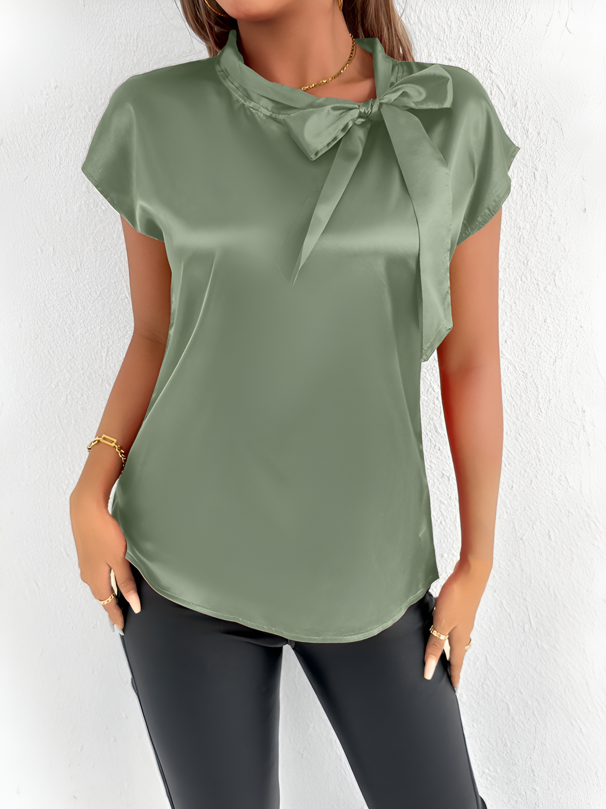 Satin Tie Neck Cap Sleeves Solid Color Blouse