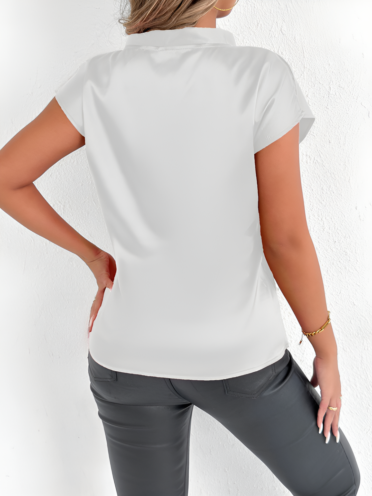 Satin Tie Neck Cap Sleeves Solid Color Blouse