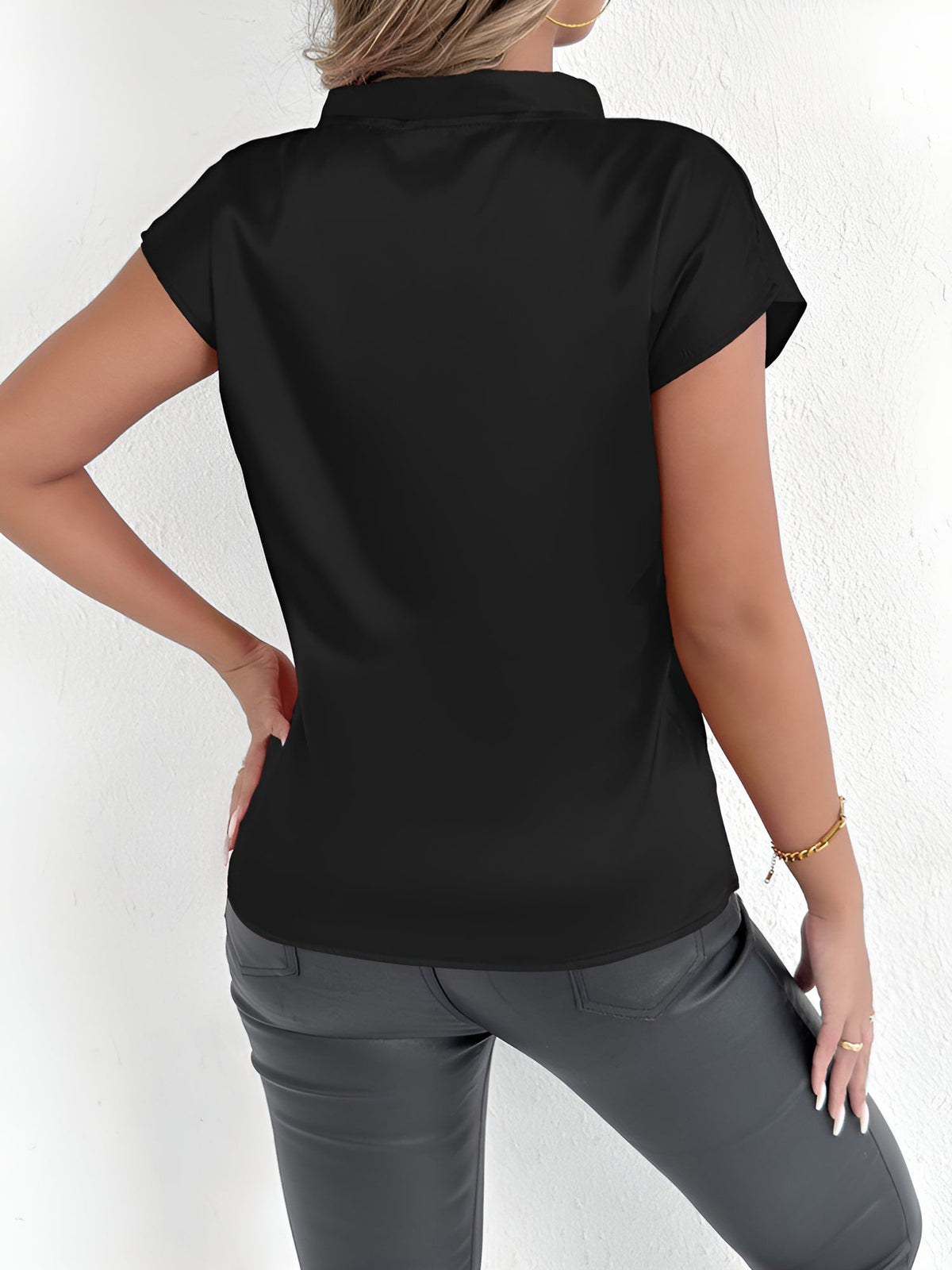 Satin Tie Neck Cap Sleeves Solid Color Blouse