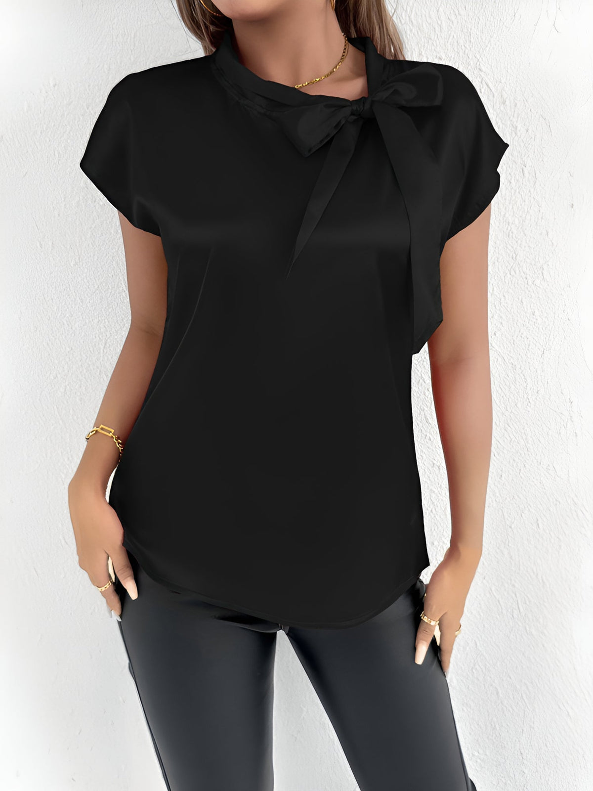 Satin Tie Neck Cap Sleeves Solid Color Blouse