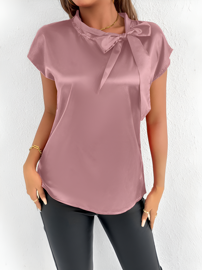 Satin Tie Neck Cap Sleeves Solid Color Blouse