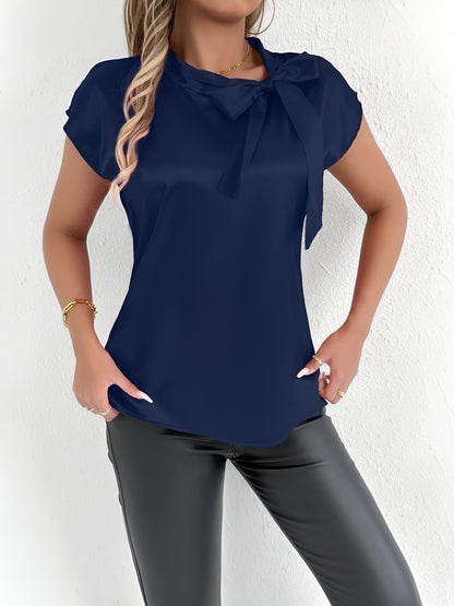 Satin Tie Neck Cap Sleeves Solid Color Blouse
