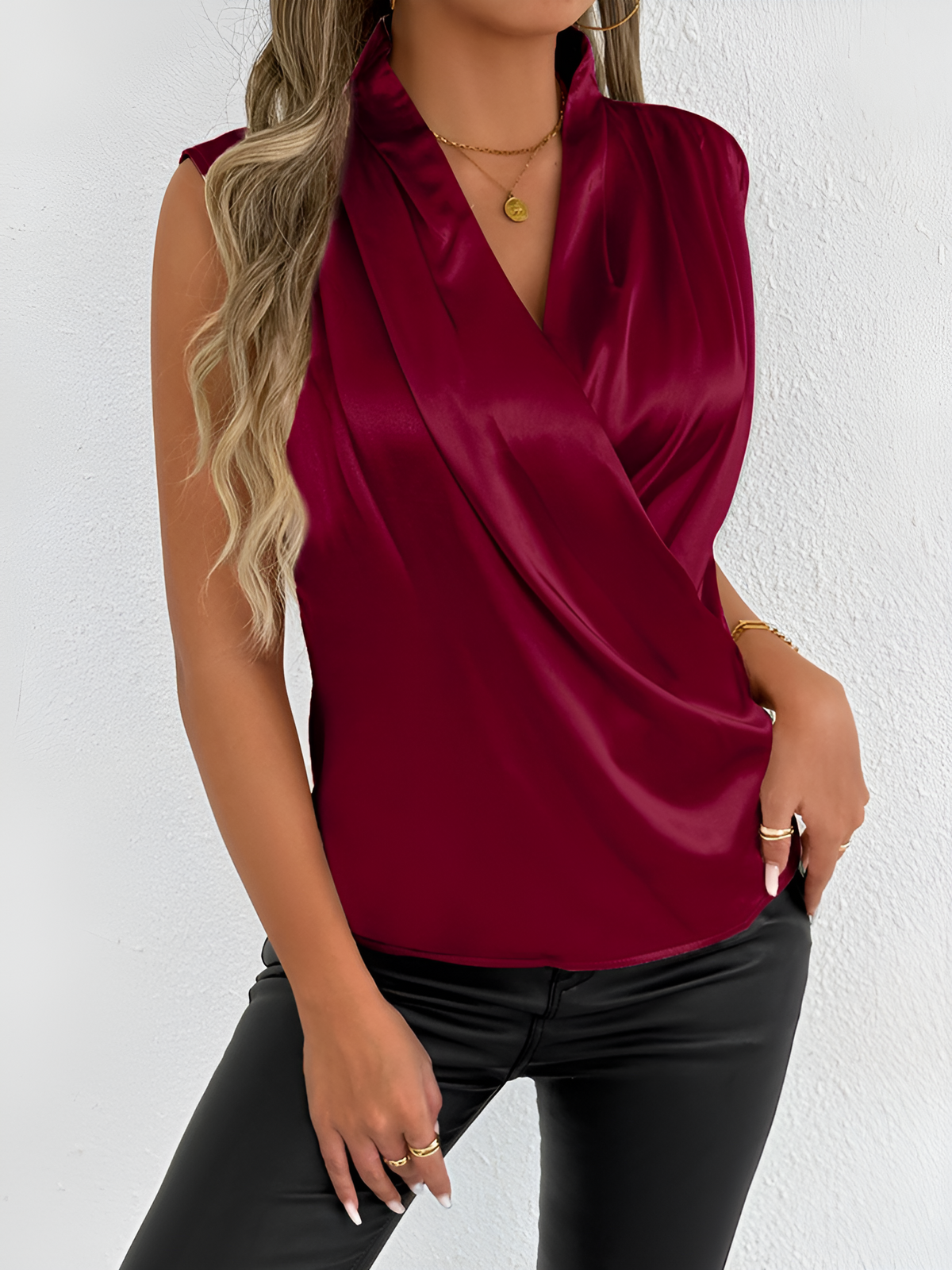 Satin Sleeveless V Neck Pleated Blouse