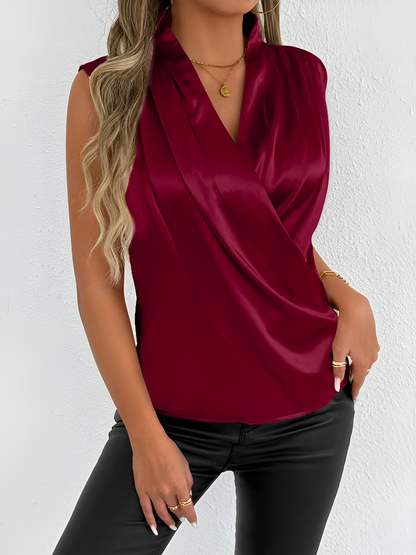Satin Sleeveless V Neck Pleated Blouse