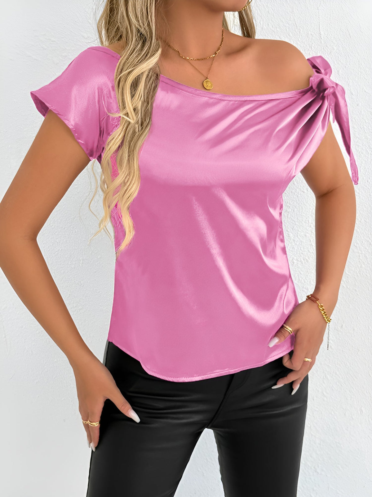 Satin Off Shoulder Bowknot Short Sleeves Blouse