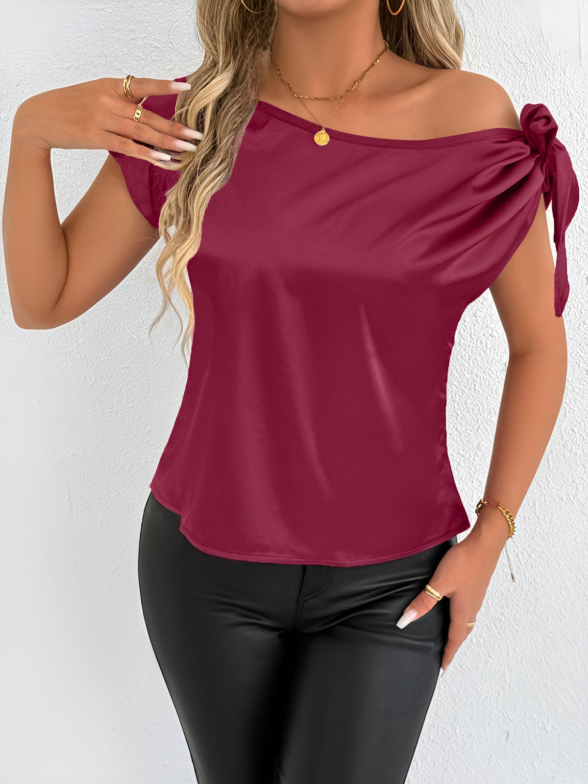 Satin Off Shoulder Bowknot Short Sleeves Blouse