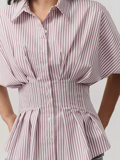 Collared Striped Pleated Bat Sleeves Peplum Blouse
