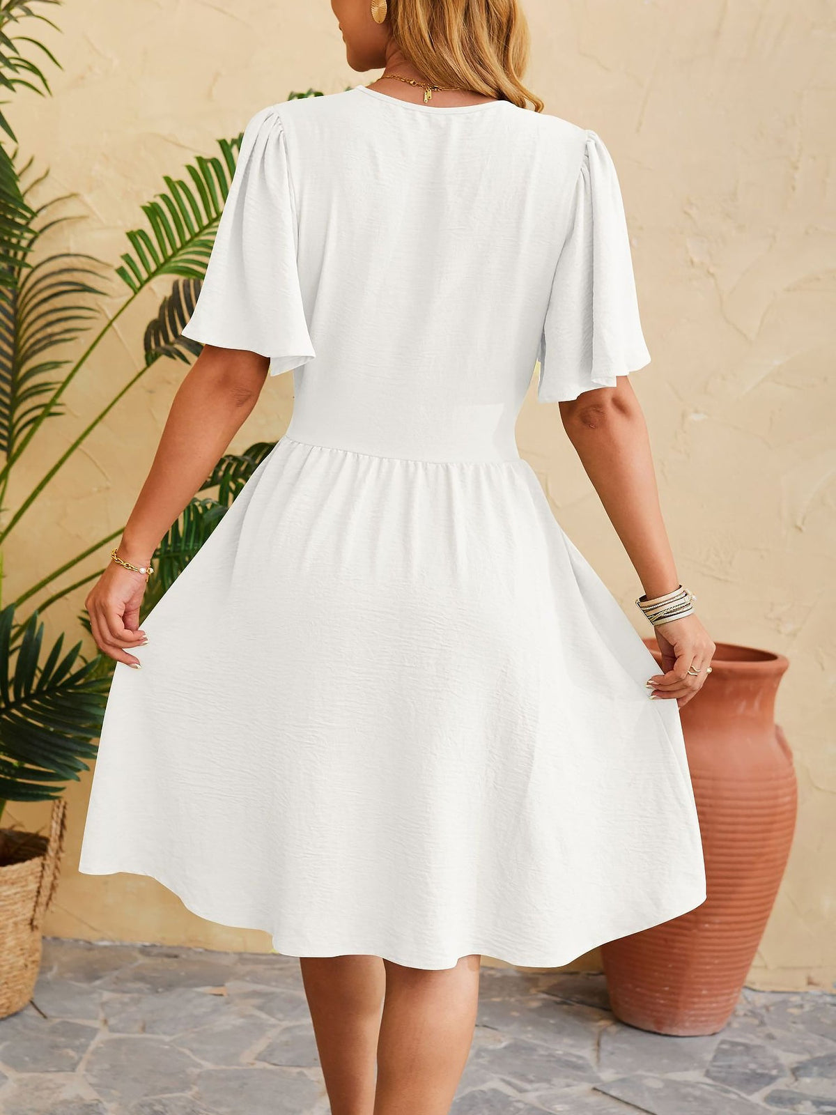 V Neck Flared Sleeves Ruched A-Line Midi Dress