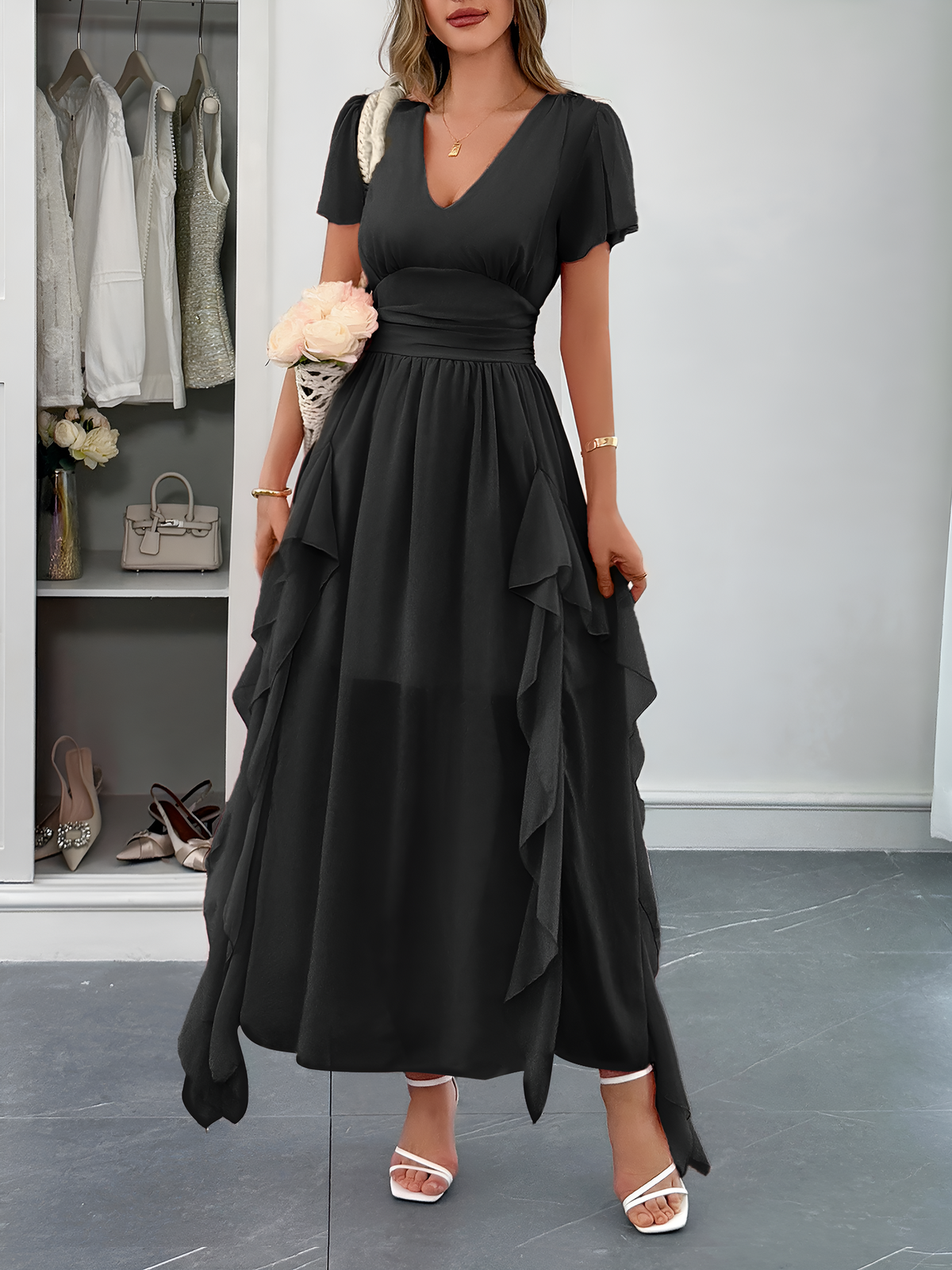 V Neck Ruffled Mesh Short Sleeve Maxi Dress