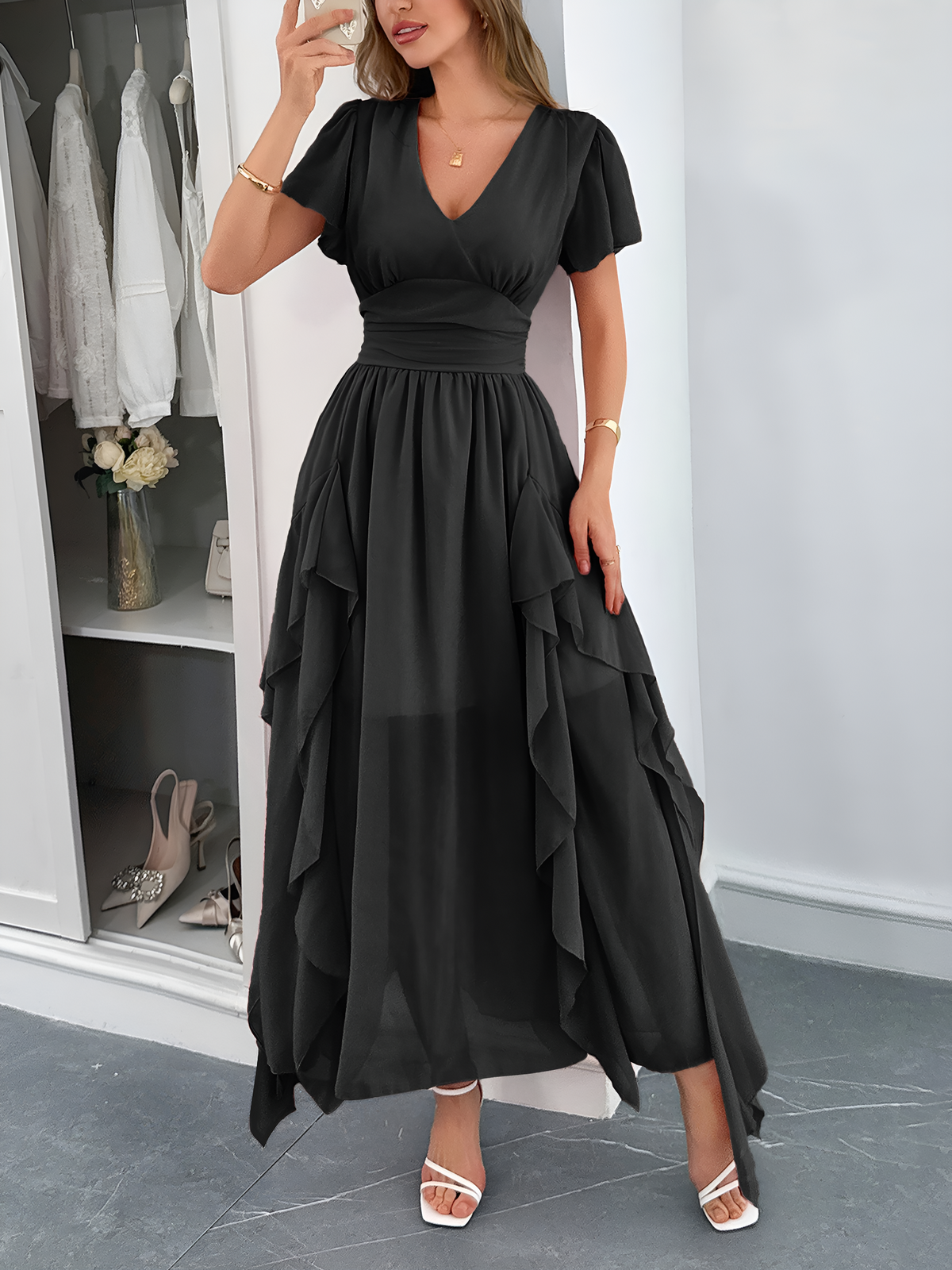 V Neck Ruffled Mesh Short Sleeve Maxi Dress