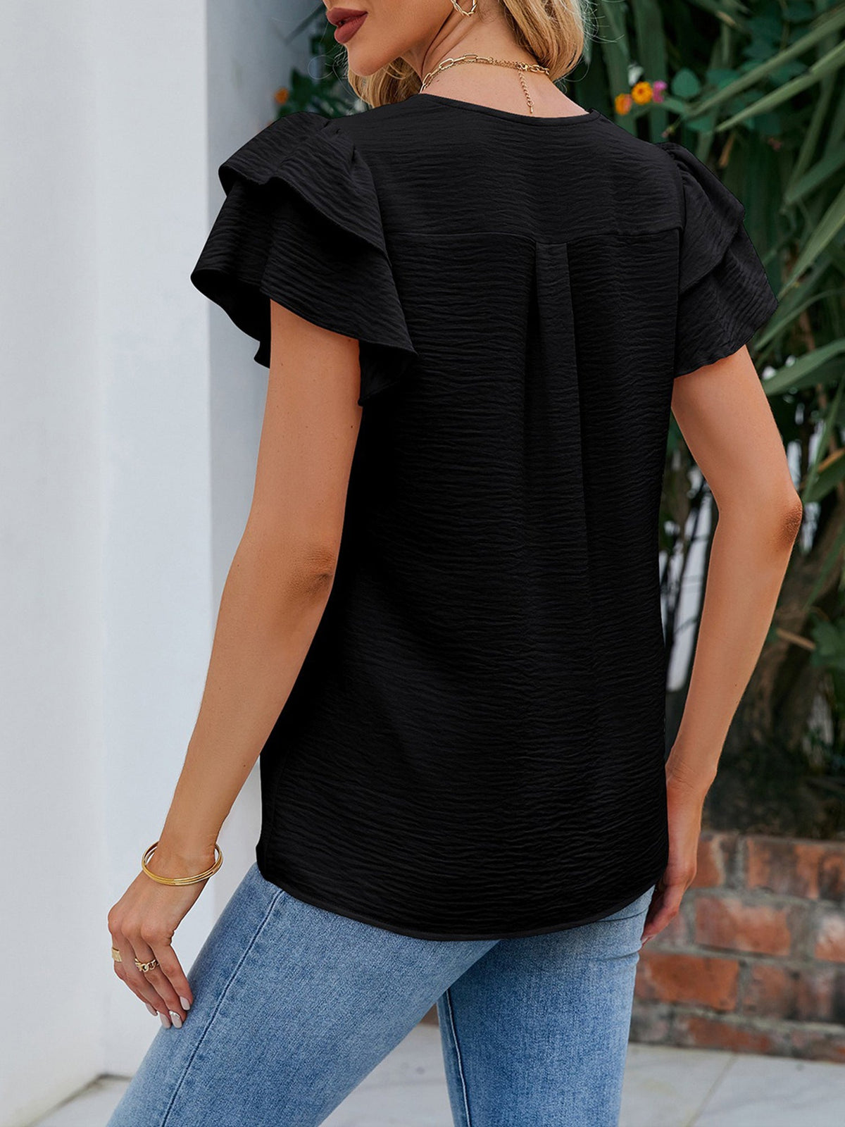 Short Sleeves V Neck Ruffles Chiffon Blouse