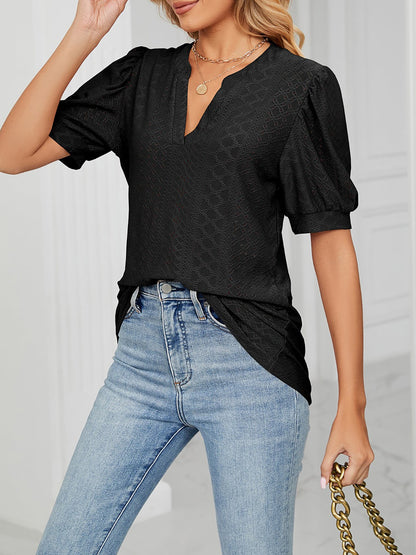 Notch Neck Solid Color Puff Sleeve Textured Blouse