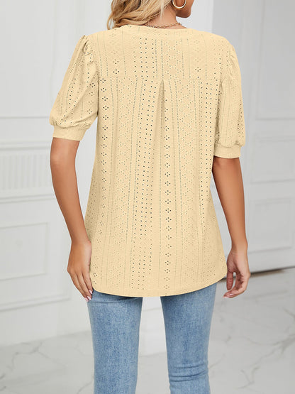 Notch Neck Solid Color Puff Sleeve Textured Blouse