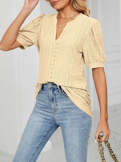 Notch Neck Solid Color Puff Sleeve Textured Blouse