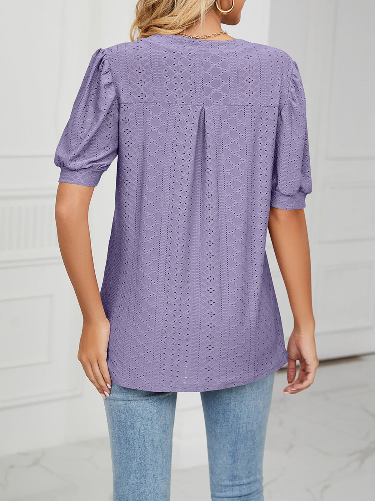 Notch Neck Solid Color Puff Sleeve Textured Blouse