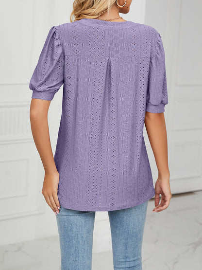 Notch Neck Solid Color Puff Sleeve Textured Blouse